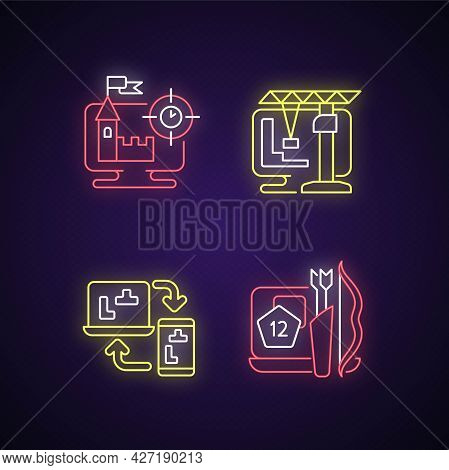 Online Playing Neon Light Icons Set. Users Have Special Role In Scenario. Intelectual Puzzle Games. 
