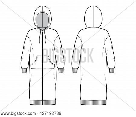 Dress Zip-up Hoody Technical Fashion Illustration With Long Sleeves, Kangaroo Pouch, Rib Cuff Oversi