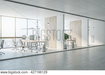 Sunny Light Spacious Office With Eco Style Interior Design, Light Wooden Tables For Workspace, Woode