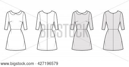 Dress A-line Technical Fashion Illustration With Elbow Sleeves, Peter Pan Collar, Fitted Body, Above