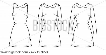 Set Of Dresses A-line Technical Fashion Illustration With Long Elbow Short Sleeves Sleeveless, Peter