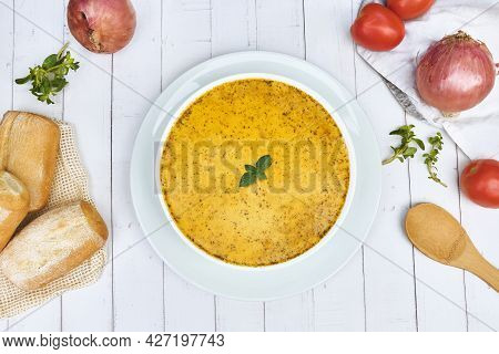 Peruvian Food, Traditional Soup A La Minuta In White Bowls, Top View.