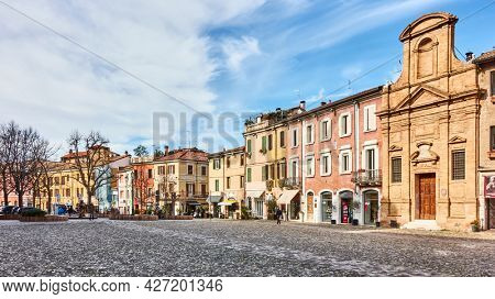 Cesena, Italy -  February 27, 2020: Old square in the old town of Cesena, Emilia-Romagna. Cityscape, panoramic view                      