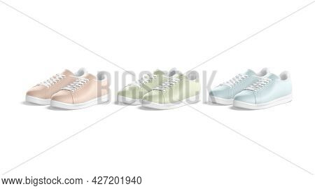 Blank Colored Leather Sneakers With Lace Mockup Pair, Isolated, 3d Rendering. Empty Pink, Green And 
