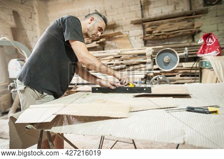 Carpenter Is Making Furniture In A Workshop. Woodworking And Crafts Tools