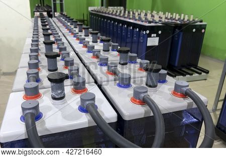Rows Of Industrial Storage Batteries.a Room Used For Backup Or Uninterruptible Power Supply.