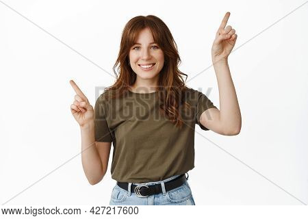 Smiling Female Model With White Teeth, Happy Face Expression, Pointing Fingers Two Sices, Showing Va