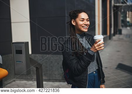 Mirthful Urban Citizen With Delicious Coffee To Go