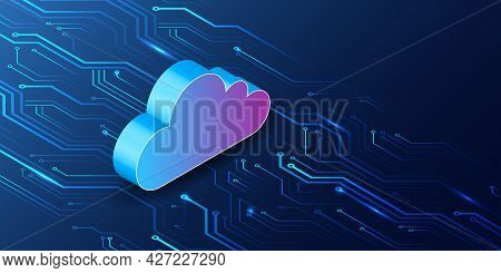 Abstract Datacenter, Network System. Web Hosting Vector Banner. Isometric Cloud Technology, Media Se