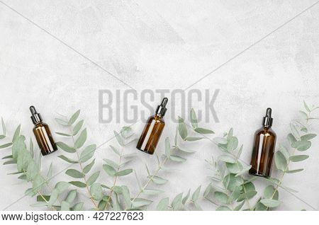 Bottles With Eucalyptus Oil And Eucalyptus Sprigs On A Concrete Background. Alternative Medicine