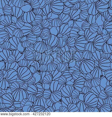Vector Blue Scallops And Conchs Seashells Doodle Background Pattern