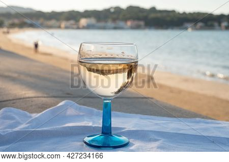 Summer Time In Provence, Drinking Of Cold Gris Rose Wine On Sandy Beach And Blue Sea Near Toulon, Va