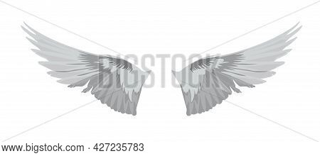 Angel Wings Vector Stock Illustration. Silver Feathers. The Bird Flight Template. Isolated On A Whit