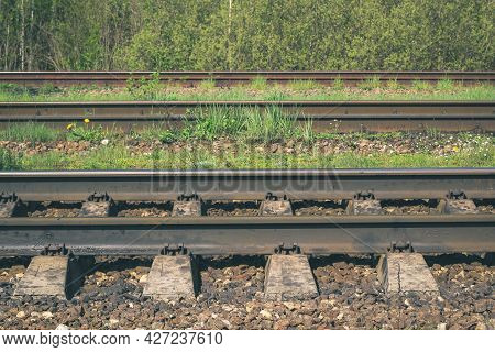 Railway Rails, Side View. Transport Background. Travel Concept By Train. Transportation By Rail. Gra