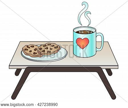 Breakfast Table With A Cup Of Coffee And A Plate Of Cookies - Vector Full Color Picture. The Bedside