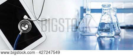 Clear Water In Flask With Stethoscope And Computer Tablet In Diagnosis Medical Science Lab Banner Ba