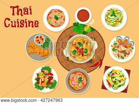 Thai Cuisine Food Vector Design Of Asian Seafood And Vegetable Salads, Soups And Meat Stew. Panang C