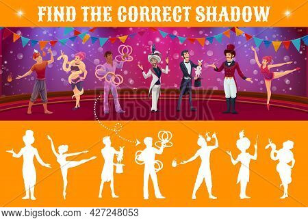 Find Shadow Vector Kids Game With Circus Characters On Shapito Stage. Search And Match Mind Game, Pu