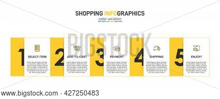 Concept Of Shopping Process With 5 Successive Steps. Five Colorful Graphic Elements. Timeline Design