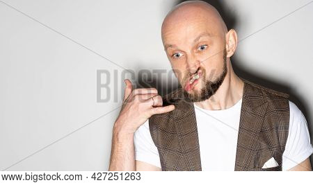 Silly Man. Sneering Face. Hangover Drunk. Actor Expression. Funny Fool. Ridiculous Guy Playing Trick