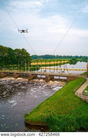 An Aerial View With Drone In The Background Above A Weir In The River Vecht In The Netherlands. Down