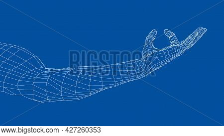 Hand Hold Some Tiny Or Thin Object. Vector Rendering Of 3d. Wire-frame Style. Hand Hold Somethin