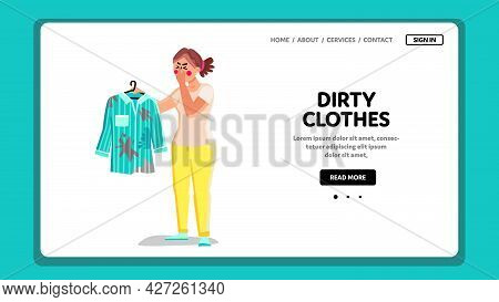 Dirty Clothes Holding Woman With Disgust Vector. Young Girl With Shirt Smelling Something Stinky And