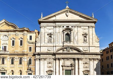 Front Facade Of Santa Maria In Vallicella, Also Called Chiesa Nuova, A Baroque Architecture Style Ch