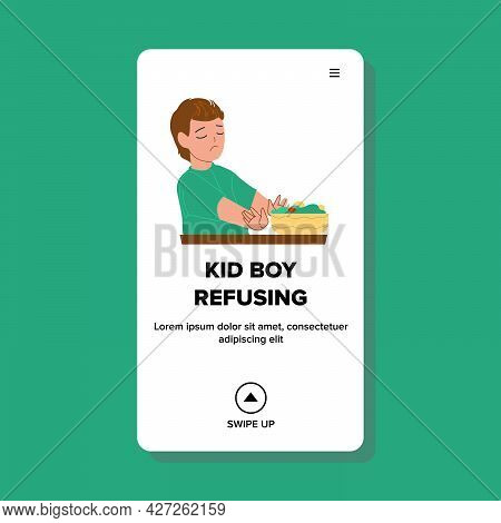 Kid Boy Refusing Vegetarian Salad Food Vector. Sadness Kid Boy Refusing Eating Healthcare Natural Nu