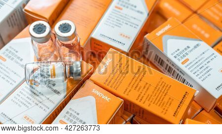 Bangkok, Thailand - 7 July 2021: Sinovac Vaccine, Coronavac Vaccination For Covid-19 Coronavirus Pro