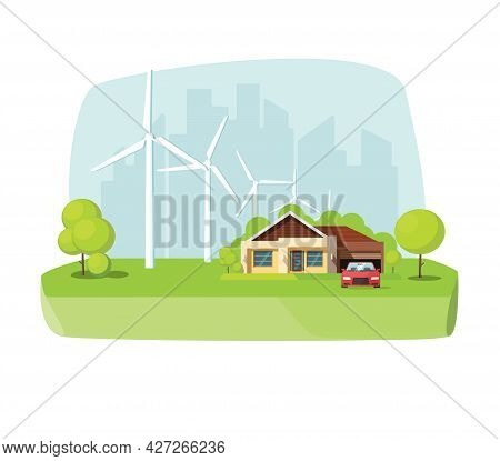 Renewable Eco Friendly Wind Turbines Energy With Smart Home Technology Near The Cityscape Nature Lan