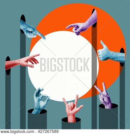 Hands gestures expressing positive emotions, delight, approval, desire to possess, admiration, attention. with copy space. ?ontemporary art design collage in trendy urban minimalistic magazine style. 