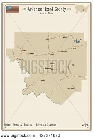 Map On An Old Playing Card Of Izard County In Arkansas, Usa.
