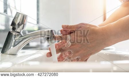 Hand Washing Rubbing With Antibacteria Liquid Soap For Disinfection, Covid-19 Protection, Corona Vir