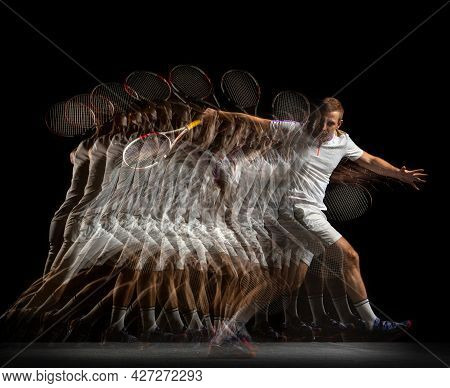 Young Man, Professional Tennis Player In Motion And Action Isolated On Dark Background. Stroboscope 