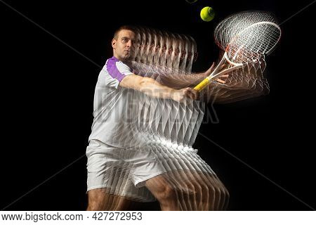 Young Man, Professional Tennis Player In Motion And Action Isolated On Dark Background. Stroboscope 