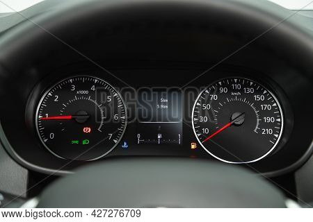 Novosibirsk, Russia - July 07, 2021:   Renault Arkana, Round Speedometer, Odometer With A Range Of 2