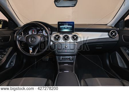 Novosibirsk, Russia - July 07, 2021:   Mercedes-benz Gla-class, Car Interior - Steering Wheel, Shift