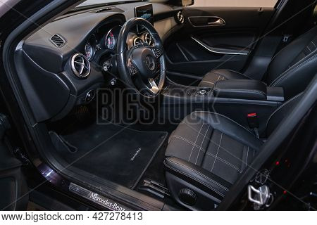 Novosibirsk, Russia - July 07, 2021:   Mercedes-benz Gla-class, Car Interior - Steering Wheel, Shift