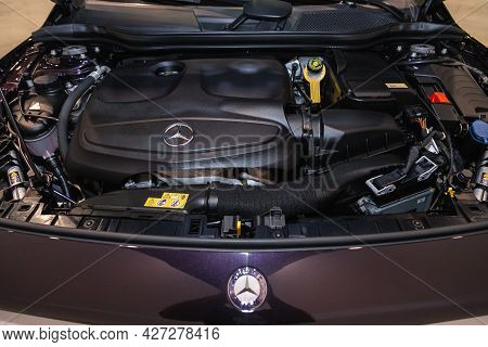 Novosibirsk, Russia - July 07, 2021:   Mercedes-benz Gla-class, Close Up Detail Of New Car Engine