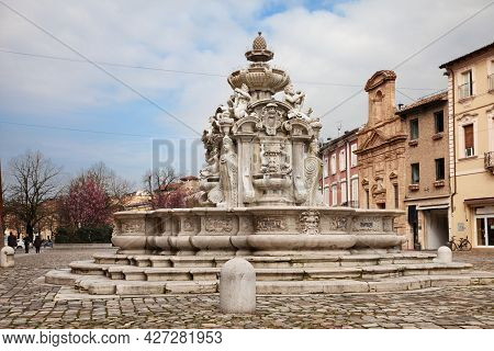 Cesena, Emilia Romagna, Italy: The Ancient Square Piazza Del Popolo With The Fountain Fontana Del Ma