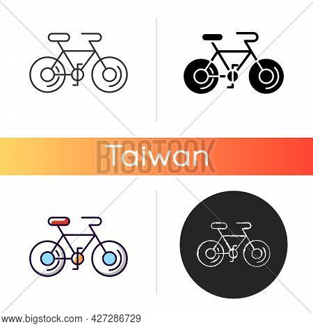 Bicycle White Linear Icon. Taiwan Cycling Travel. Riding Round Entire World. Asian Journey. Touring 