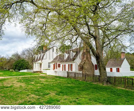 Williamsburg, Virginia, USA: 29th March 2021; A beautiful colonial style house in historic Williamsburg