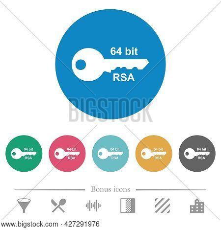64 Bit Rsa Encryption Flat White Icons On Round Color Backgrounds. 6 Bonus Icons Included.