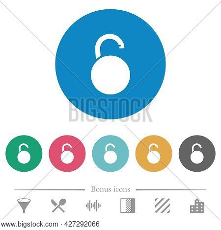 Unlocked Round Padlock Flat White Icons On Round Color Backgrounds. 6 Bonus Icons Included.