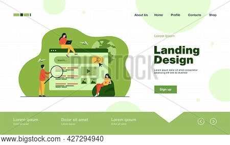 People Using Search Box For Query, Engine Giving Result. Vector Illustration For Seo Work, Serp, Onl