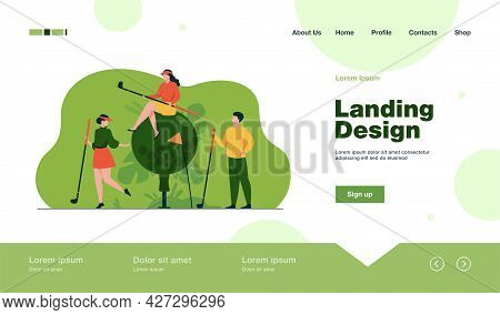 Happy People Playing Golf With Brassies And Ball On Lawn, Enjoying Their Hobby, Having Fun. Vector I