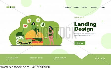 Fat Woman Keeping Unhealthy Diet, Eating Junk Food, Having High Cholesterol And Health Problem. Vect