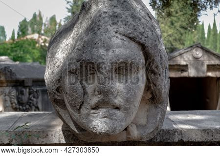 Geyre, Turkey - May 30, 2021: This Is The Face Of Medusa The Gorgon On The Remains Of An Antique Sar