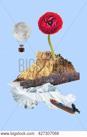 Contemporary Art Collage, Creative Artwork. Huge Red Flower Grows From Mountain Over Light Blue Back